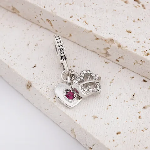 Alloy Double Heart Pendant Charm With Red Artificial Gemstone White Rhinestone For DIY Bracelet Necklace Women Jewelry Gift