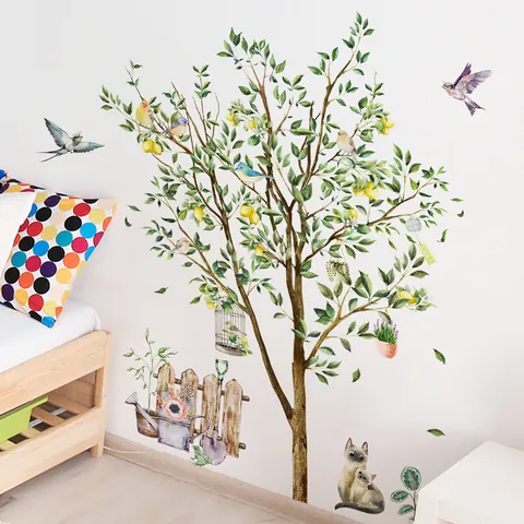 Lemon Tree Wall Stickers Birds Cats Watercolor PVC Decals Home Bedroom Background Decoration Waterproof Removable