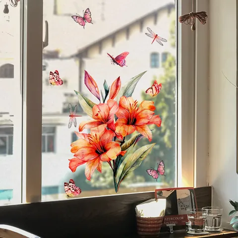 Aquarell Lilie Blume Schmetterling Libelle Doppelseitige Fensterbilder PVC Statisch Haftende Glasaufkleber Für Haus Dekor