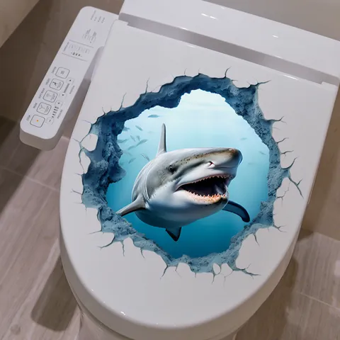 3D Shark Ocean Breaking Through Wall Toilet Sticker Waterproof PVC Decal For Bathroom Home Decor Removable Self Adhesive Mural