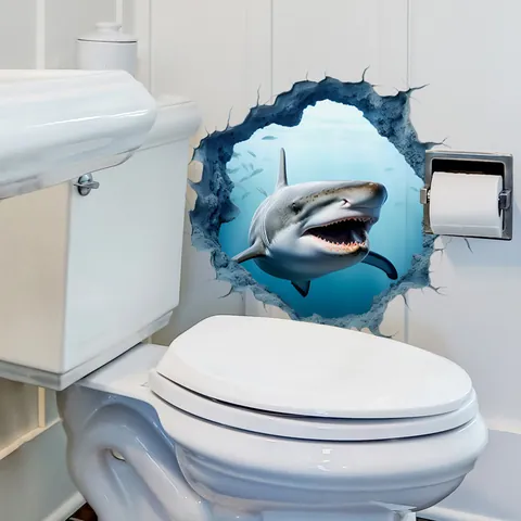 3D Shark Ocean Breaking Through Wall Toilet Sticker Waterproof PVC Decal For Bathroom Home Decor Removable Self Adhesive Mural