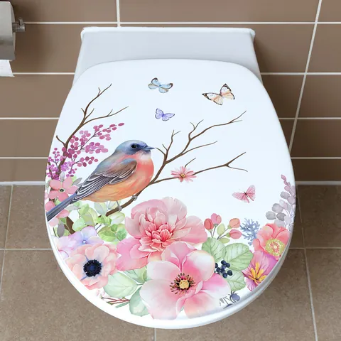 Toilet Lid Sticker Waterproof PVC Self Adhesive Bird Flower Butterfly Pattern Hand Painted Bathroom Decor Home Accessory