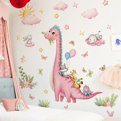 Pegatinas de Pared de Dinosaurio Rosa de Dibujos Animados Grandes Para Decoración de Dormitorio Infantil Acuarela Animales