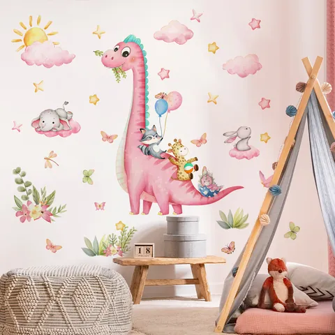 Pegatinas de Pared de Dinosaurio Rosa de Dibujos Animados Grandes Para Decoración de Dormitorio Infantil Acuarela Animales