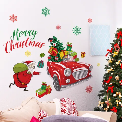 Christmas Wall Stickers Santa Claus Red Car Gifts Snowflakes PVC Removable Decals For Living Room Holiday Home Decoration