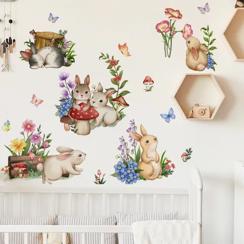 Adesivi Murali Coniglietto Pasquale Cartone Animato Fiori Acquerello Funghi Farfalla PVC Autoadesivo Per Cameretta Bambini