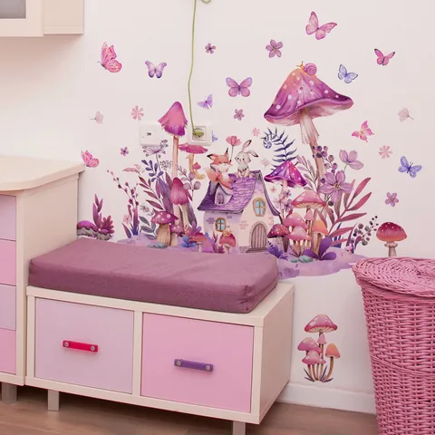 Cartoon Purple Mushroom House Wall Stickers Cute Animals Fox Rabbit Butterfly Watercolor Wall Decals For Kids Room Decor