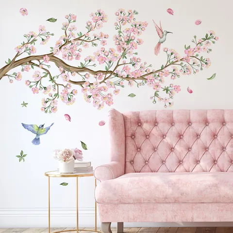 Pegatina Pared Flor De Cerezo Pájaros PVC Autoadhesivo Artístico Rama Árbol Decoración Para Salón Dormitorio Niños