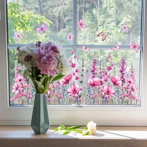 Lavender Butterfly Static Cling Window Stickers Double Sided Visible Waterproof Flower Decals For Glass Home Decor