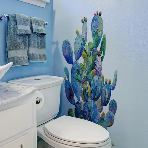 Adhesivo de Pared de Cactus Azul de Acuarela PVC Autoadhesivo Removible Plantas Mural Para Dormitorio Baño Sala de Estar Decoración Hogar