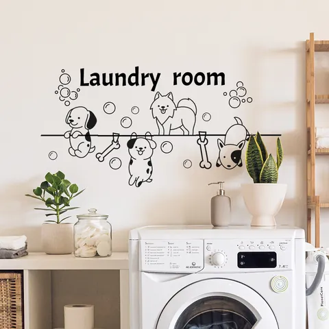 Cartoon Dogs Laundry Room Wall Sticker PVC Self Adhesive Waterproof Black Lettering Bubbles Bone Pattern Home Decor Wall Decal