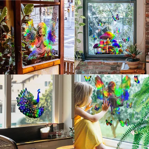 Holographic Laser Rainbow Window Stickers Fairy Peacock Mushroom Butterfly Suncatcher Wall Decal Self Adhesive Home Decor