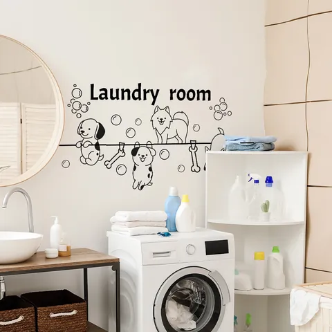 Cartoon Dogs Laundry Room Wall Sticker PVC Self Adhesive Waterproof Black Lettering Bubbles Bone Pattern Home Decor Wall Decal
