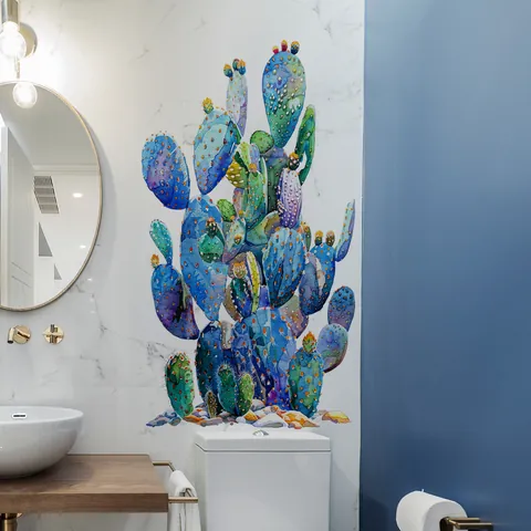 Adhesivo de Pared de Cactus Azul de Acuarela PVC Autoadhesivo Removible Plantas Mural Para Dormitorio Baño Sala de Estar Decoración Hogar