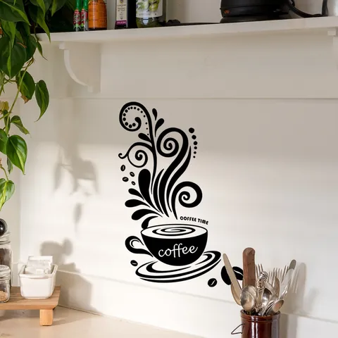 Coffee Time Wall Stickers PVC Waterproof Removable Coffee Cup Decal For Kitchen Dining Room Cafe Home Decor Mural