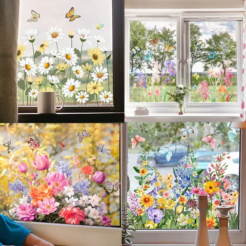 Floral Butterfly Window Stickers Static Cling Double Sided Glass Decals For Home Decor Waterproof Flower Pattern Stickers