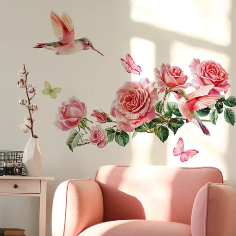Aquarell Rosa Rose Kolibri Schmetterling Wandaufkleber PVC Selbstklebend Wandtattoo Für Wohnzimmer Schlafzimmer Deko