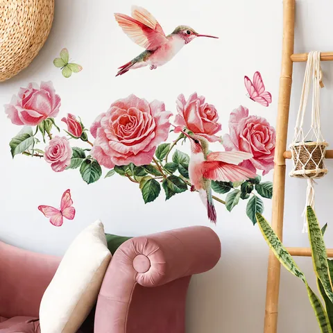 Aquarell Rosa Rose Kolibri Schmetterling Wandaufkleber PVC Selbstklebend Wandtattoo Für Wohnzimmer Schlafzimmer Deko