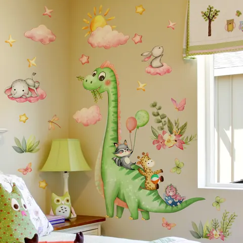 Cartoon Dinosaur Animal Wall Stickers Waterproof PVC Nursery Kids Bedroom Decor Hand-painted Removable Wall Decals