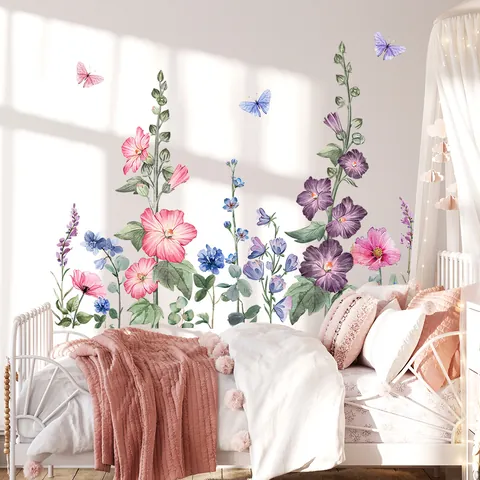 Aquarell Grüne Pflanze Blume Schmetterling Wandtattoo Für Wohnzimmer Schlafzimmer Kinderzimmer Selbstklebend PVC Wandsticker Dekoration