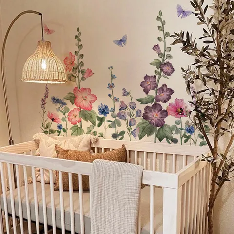 Aquarell Grüne Pflanze Blume Schmetterling Wandtattoo Für Wohnzimmer Schlafzimmer Kinderzimmer Selbstklebend PVC Wandsticker Dekoration