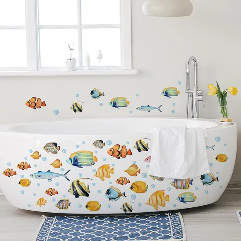 Ocean World Fish Wall Stickers PVC Waterproof Tropical Sea Life Decals For Bathroom Kids Room Home Background Decor