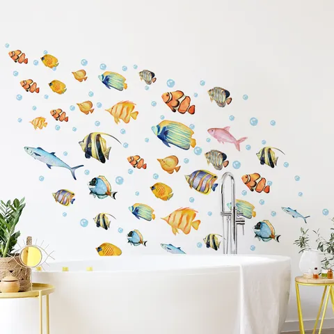 Ocean World Fish Wall Stickers PVC Waterproof Tropical Sea Life Decals For Bathroom Kids Room Home Background Decor