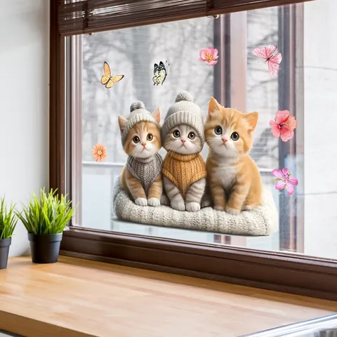 Cartoon Katze Blume Schmetterling Fensteraufkleber PVC Doppelseitig Statisch Haftend Dekorativ Glasaufkleber Für Wohnzimmer Schlafzimmer