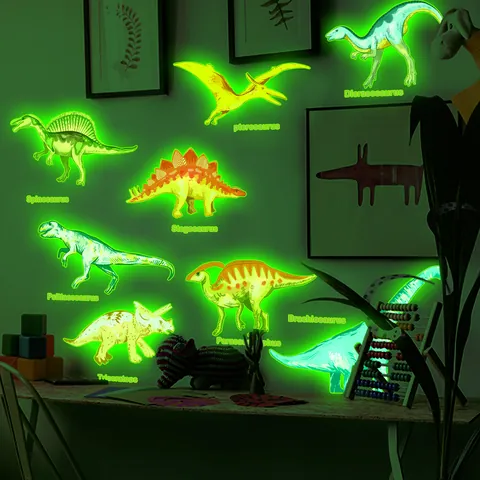 Stickers Muraux Dinosaures Lumineux Brillent dans le Noir Cartoon Dino DIY Décalcomanies pour Chambre d'Enfant Maison