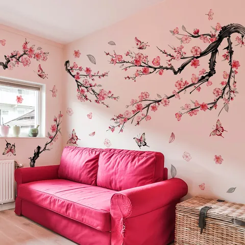 Rosa Kirschblüte Blume Schmetterling Zweige Wandaufkleber PVC Wasserdicht DIY Aufkleber Für Schlafzimmer Wohnzimmer Wohnkultur