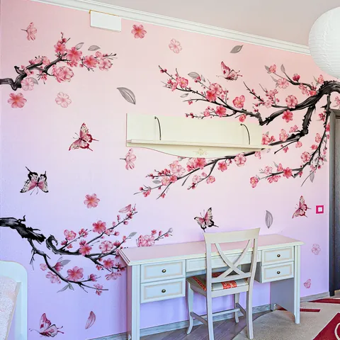 Rosa Kirschblüte Blume Schmetterling Zweige Wandaufkleber PVC Wasserdicht DIY Aufkleber Für Schlafzimmer Wohnzimmer Wohnkultur
