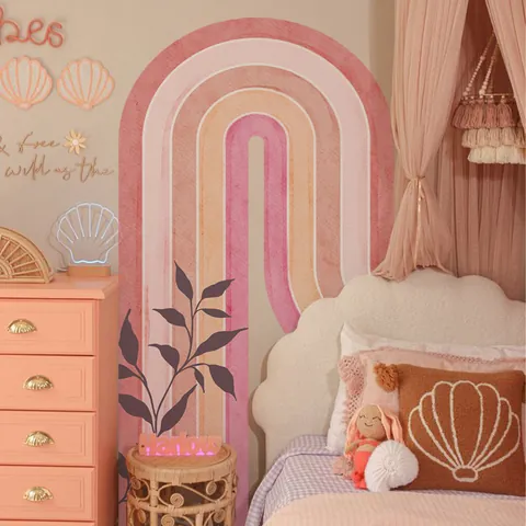 Große Boho Rosa Regenbogen Bogen Wandtattoo Mit Pflanzenblättern PVC Selbstklebend Aufkleber Für Kinderzimmer Kindergarten Deko