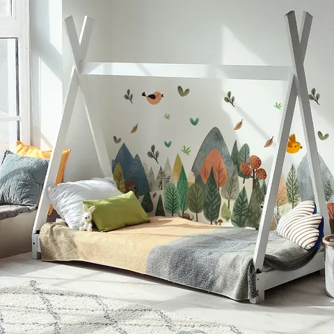 Forest Animal Mountain Wall Sticker PVC Self Adhesive Cartoon Bear Rabbit Decal For Kids Room Nursery Home Decor