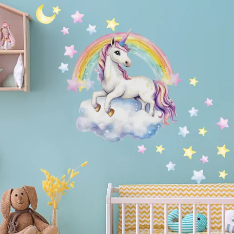 Unicorn Rainbow Wall Stickers PVC Removable Watercolor Star Moon Decals For Kids Nursery Bedroom Decoration Cartoon Style