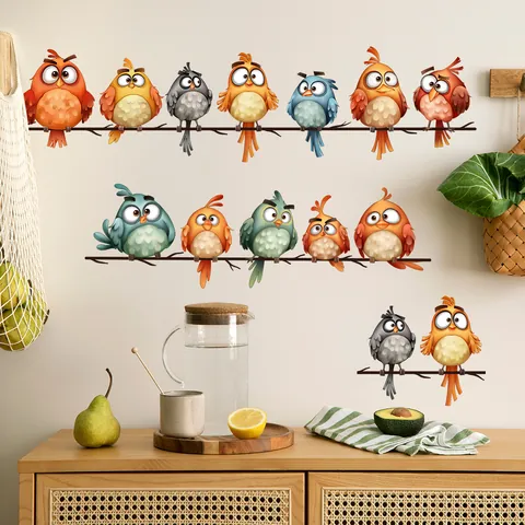 Cartoon Colorful Birds Tree Branches Wall Stickers PVC Double Sided Visible Window Decal For Home Living Room Wall Decor