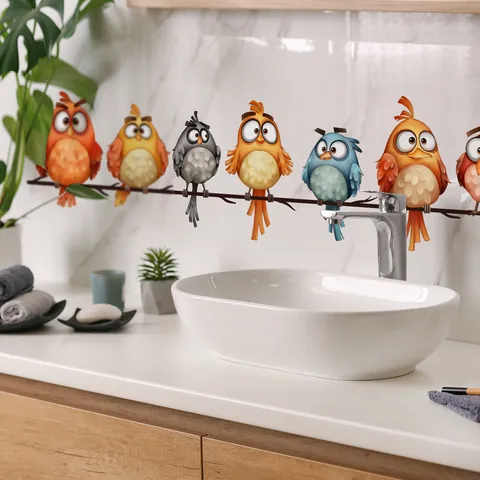 Cartoon Colorful Birds Tree Branches Wall Stickers PVC Double Sided Visible Window Decal For Home Living Room Wall Decor
