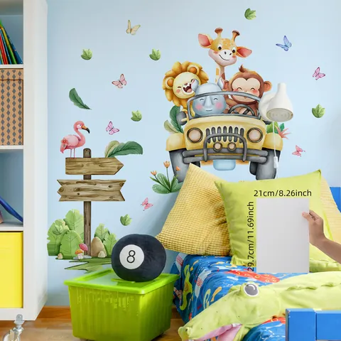 Watercolor Cartoon Animal Biking Wall Sticker PVC Removable Giraffe Lion Monkey Decal For Kids Room Nursery Playroom Decor