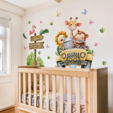Watercolor Cartoon Animal Biking Wall Sticker PVC Removable Giraffe Lion Monkey Decal For Kids Room Nursery Playroom Decor