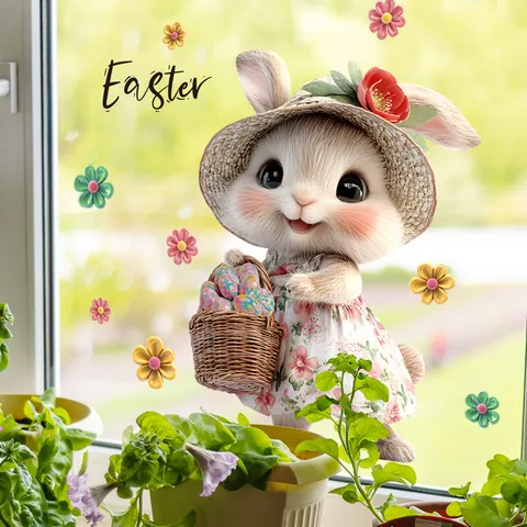 Easter Rabbit Flower Window Sticker PVC Static Cling Reversible Decorative Glass Decal For Holiday Home Party Window Decor