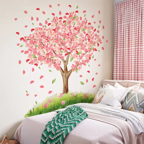 Vinilo Decorativo Árbol de Cerezo Acuarela PVC Removible Flor Rosa Césped Paisaje Papel Pintado Para Dormitorio Sala De Estar