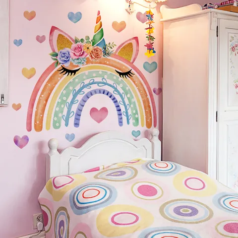 Cartoon Watercolor Rainbow Unicorn Heart Wall Sticker Removable PVC DIY Home Decoration For Kids Nursery Room Background