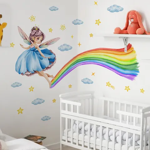 Sticker Mural Aquarelle Fée Arc-en-ciel Étoile Nuage Pour Chambre d'Enfant Décoration Vinyle Amovible Stickers Fille