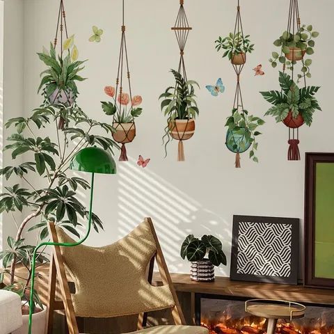 Adesivi Murali Piante in Vaso Sospese Nordiche in PVC Macrame Verde Decalcomanie per Soggiorno Camera da Letto Casa