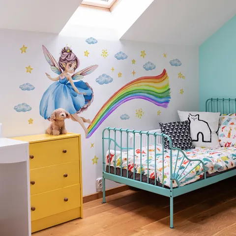 Sticker Mural Aquarelle Fée Arc-en-ciel Étoile Nuage Pour Chambre d'Enfant Décoration Vinyle Amovible Stickers Fille