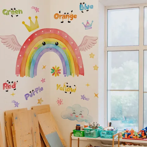 Cartoon Regenbogen Sterne Wolken Wandaufkleber Für Kinderzimmer PVC Selbstklebend Pädagogische Farbwörter Hintergrund Wandbild Dekor