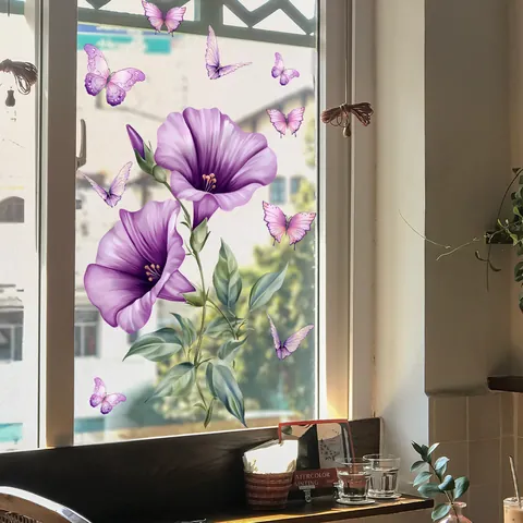 Purple Flower Butterfly Static Window Cling Double Sided Waterproof Removable PVC Sticker Decorative Glass Film For Home