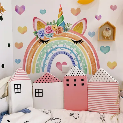 Cartoon Watercolor Rainbow Unicorn Heart Wall Sticker Removable PVC DIY Home Decoration For Kids Nursery Room Background