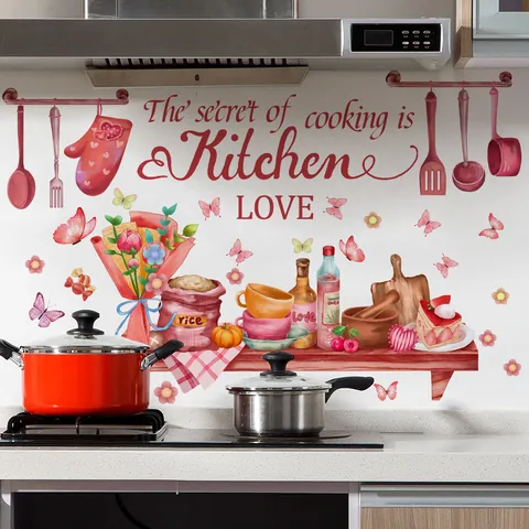Watercolor Kitchen Wall Stickers Butterfly Floral Kitchen Utensils Decal For Restaurant Kitchen Home Decor PVC Decoration