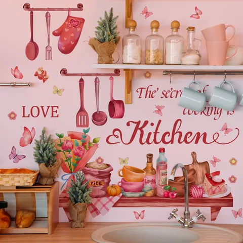 Watercolor Kitchen Wall Stickers Butterfly Floral Kitchen Utensils Decal For Restaurant Kitchen Home Decor PVC Decoration