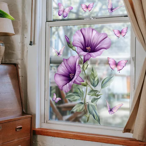 Purple Flower Butterfly Static Window Cling Double Sided Waterproof Removable PVC Sticker Decorative Glass Film For Home